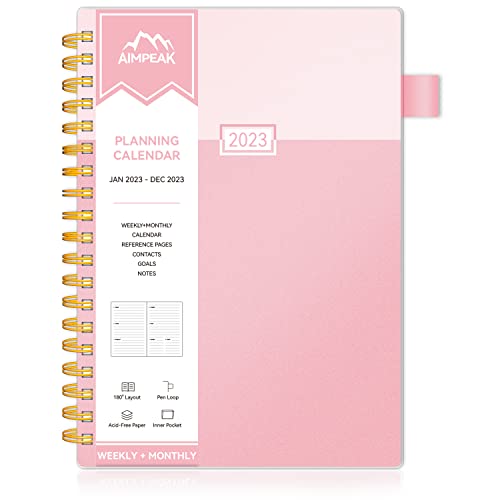 2023 Weekly & Monthly Planner, Jan. 2023 - Dec. 2023, AIMPEAK Weekly Planner 2023 with Tabs, Calendar Planner with Inner Pocket, Pen Loop, Flexible Cover，Spiral Binding, Pink(7"x10")