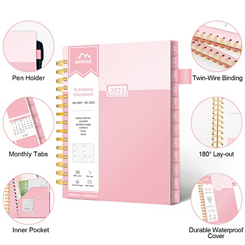 2023 Weekly & Monthly Planner, Jan. 2023 - Dec. 2023, AIMPEAK Weekly Planner 2023 with Tabs, Calendar Planner with Inner Pocket, Pen Loop, Flexible Cover，Spiral Binding, Pink(7"x10")