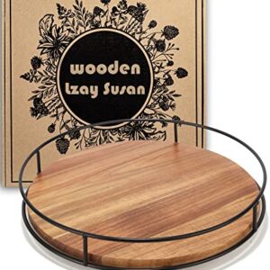 12" Acacia Wood Lazy Susan Turntable, Tomoaza Kitchen Organizer Turntable with Steel Sides, 360 Degree Turntable for Countertop Cabinet or Dining Table(Black)