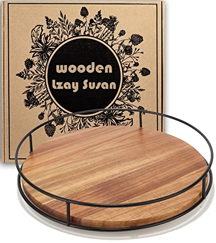 12" Acacia Wood Lazy Susan Turntable, Tomoaza Kitchen Organizer Turntable with Steel Sides, 360 Degree Turntable for Countertop Cabinet or Dining Table(Black)