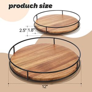 12" Acacia Wood Lazy Susan Turntable, Tomoaza Kitchen Organizer Turntable with Steel Sides, 360 Degree Turntable for Countertop Cabinet or Dining Table(Black)