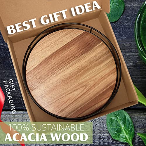 12" Acacia Wood Lazy Susan Turntable, Tomoaza Kitchen Organizer Turntable with Steel Sides, 360 Degree Turntable for Countertop Cabinet or Dining Table(Black)