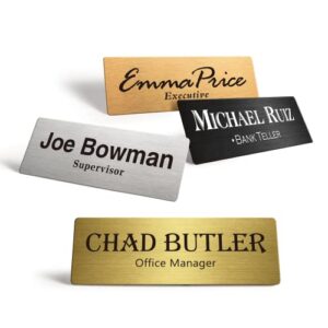 metal name badge, custom name tags, personalized identification with pin, adhesive or magnetic backing