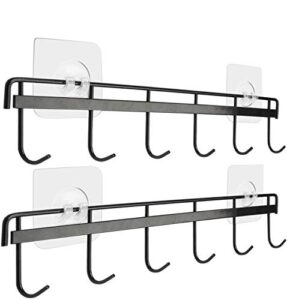 yizhi adhesive wall hooks rack kitchen rail, space saving utensil holder no drilling wall mounted accessory hanger with 6 hooks for kitchen bathroom bedroom pack of 2 (black)