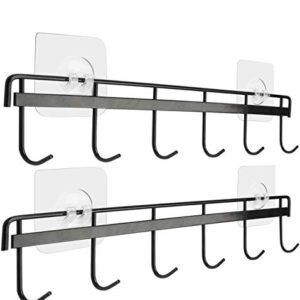 Yizhi Adhesive Wall Hooks Rack Kitchen Rail, Space Saving Utensil Holder No Drilling Wall Mounted Accessory Hanger with 6 Hooks for Kitchen Bathroom Bedroom Pack of 2 (Black)