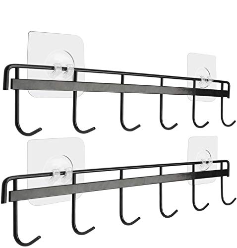 Yizhi Adhesive Wall Hooks Rack Kitchen Rail, Space Saving Utensil Holder No Drilling Wall Mounted Accessory Hanger with 6 Hooks for Kitchen Bathroom Bedroom Pack of 2 (Black)