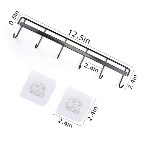 Yizhi Adhesive Wall Hooks Rack Kitchen Rail, Space Saving Utensil Holder No Drilling Wall Mounted Accessory Hanger with 6 Hooks for Kitchen Bathroom Bedroom Pack of 2 (Black)