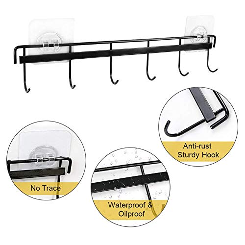 Yizhi Adhesive Wall Hooks Rack Kitchen Rail, Space Saving Utensil Holder No Drilling Wall Mounted Accessory Hanger with 6 Hooks for Kitchen Bathroom Bedroom Pack of 2 (Black)