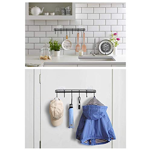 Yizhi Adhesive Wall Hooks Rack Kitchen Rail, Space Saving Utensil Holder No Drilling Wall Mounted Accessory Hanger with 6 Hooks for Kitchen Bathroom Bedroom Pack of 2 (Black)