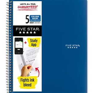 Five Star Spiral Notebook + Study App, 5 Subject, College Ruled Paper, 200 Sheets, 11" x 8-1/2", Pacific Blue, 1 Count (73635)