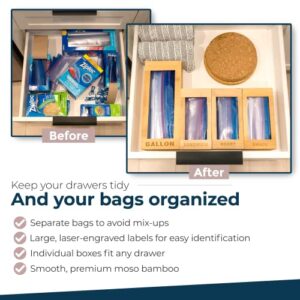 LandHome Ziplock Bag Organizer for Drawer - Bamboo Kitchen Food Storage Bag Organizer Holder, Gallon Quart Snack and Sandwich Baggie Organizer Compatible with Ziploc Solimo and More, Set of 4