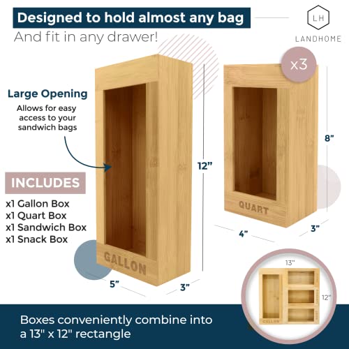 LandHome Ziplock Bag Organizer for Drawer - Bamboo Kitchen Food Storage Bag Organizer Holder, Gallon Quart Snack and Sandwich Baggie Organizer Compatible with Ziploc Solimo and More, Set of 4