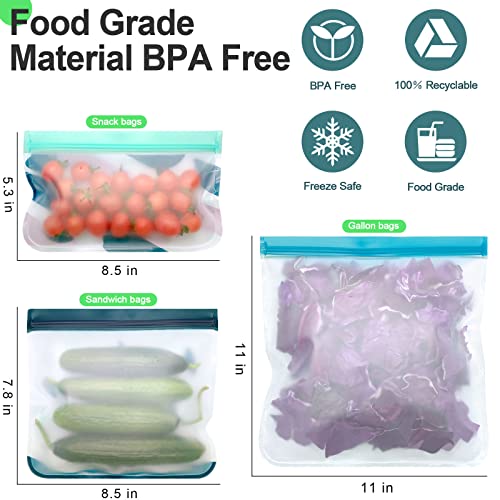 Reusable Food Storage Bags Silicone, Leakproof Reusable Freezer Bags, Reusable Snack Bags for Kids Travel/Home Storagation-2 Gallon Bags/ 2 Sandwich Bags/ 2 Snack Bags (BPA Free)