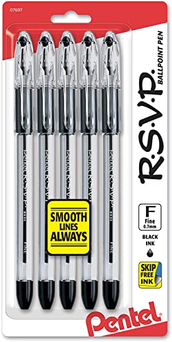 Pentel R.S.V.P. Ballpoint Pen, Fine Line, Black Ink, 5 Pack (BK90BP5A)