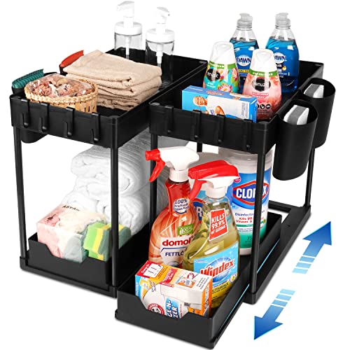 2 Pack Under Sink Organizers and Storage with Sliding Drawer, 2 Tier Bathroom Organizer Under Sink, Kitchen Under Cabinet Organizer Bathroom Sink Organizer with Hooks and Cups, Modern Black