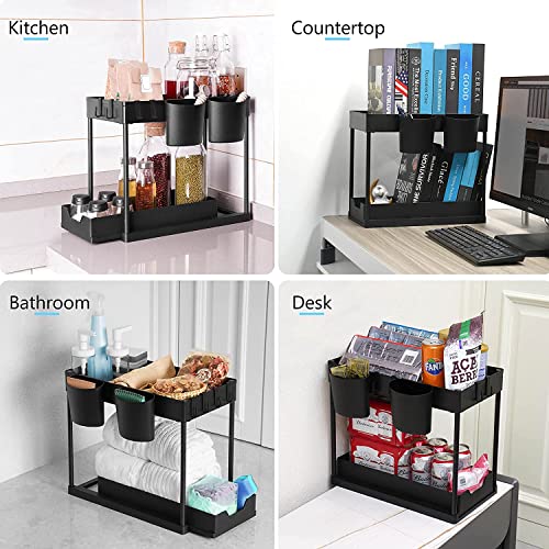 2 Pack Under Sink Organizers and Storage with Sliding Drawer, 2 Tier Bathroom Organizer Under Sink, Kitchen Under Cabinet Organizer Bathroom Sink Organizer with Hooks and Cups, Modern Black