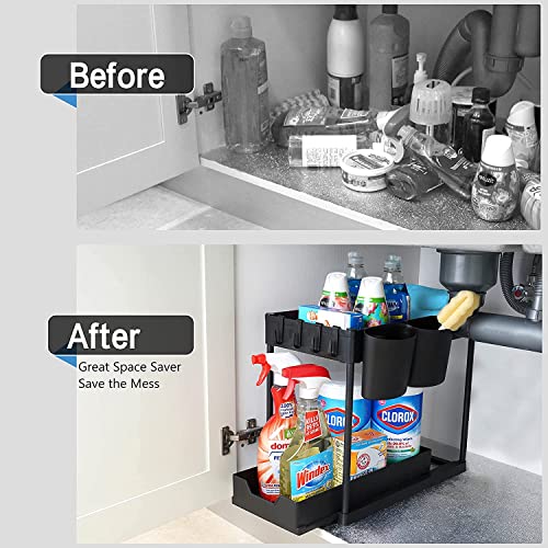 2 Pack Under Sink Organizers and Storage with Sliding Drawer, 2 Tier Bathroom Organizer Under Sink, Kitchen Under Cabinet Organizer Bathroom Sink Organizer with Hooks and Cups, Modern Black