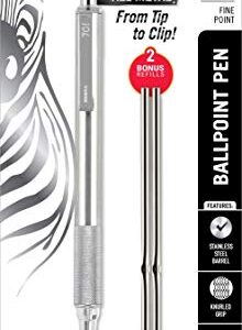 Zebra F-701 Metal Pen, Ballpoint Fine Point Stainless Steel Pen, Knurled Grip, 0.8mm Black Ink, Zebra F701 Retractable Silver Metal Pen with 2 Black Ink Refills in Pack For Women & Men 21213ELG