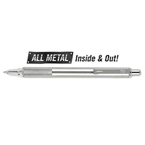 Zebra F-701 Metal Pen, Ballpoint Fine Point Stainless Steel Pen, Knurled Grip, 0.8mm Black Ink, Zebra F701 Retractable Silver Metal Pen with 2 Black Ink Refills in Pack For Women & Men 21213ELG