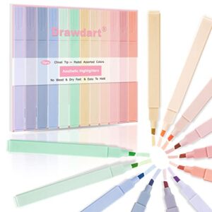 drawdart aesthetic highlighters, 12 pcs chisel tip, bible highlighters and pens no bleed, highlighters assorted colors, pastel highlighter pens muted color, aesthetic school supplies