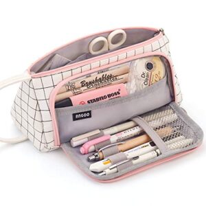 easthill large capacity colored canvas storage pouch marker pen pencil case simple stationery bag holder for middle high school office college student girl women adult teen gift white plaid