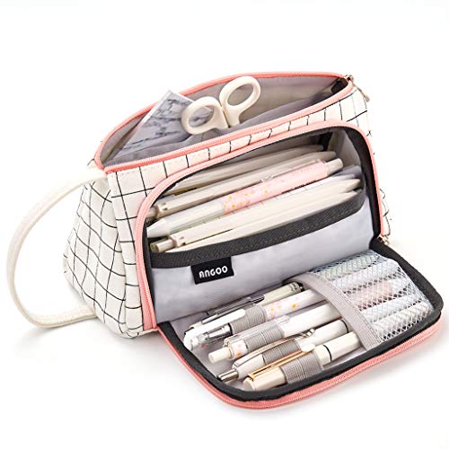 EASTHILL Large Capacity Colored Canvas Storage Pouch Marker Pen Pencil Case Simple Stationery Bag Holder For Middle High School Office College Student Girl Women Adult Teen Gift White Plaid