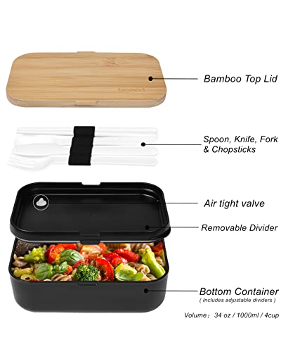 invvni Bento Box Lunch Box Containers for Adults Kids - Natural Bamboo Lid, Cutlery & Chopsticks, Microwave Safe, Dishwasher Safe, Bpa Free, Leakproof, Gifts for Women, Small