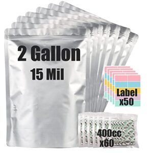 30pcs 2 gallon mylar bags for food storage (15 mil extra thick) with oxygen absorbers 400cc (60 pcs) , stand-up zipper pouches resealable and heat sealable bags for long term food storage(13″x17″)