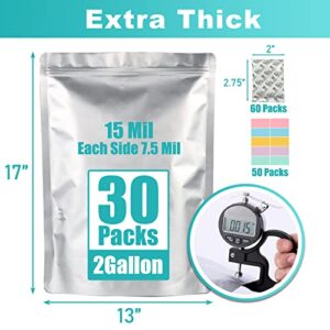 30pcs 2 Gallon Mylar Bags for Food Storage (15 Mil Extra Thick) with Oxygen Absorbers 400CC (60 pcs) , Stand-Up Zipper Pouches Resealable and Heat Sealable Bags for Long Term Food Storage(13"x17")