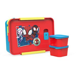 zak designs spidey and his amazing friends reusable plastic bento box with leak-proof seal, carrying handle, microwave steam vent, and individual containers for kids’ packed lunch