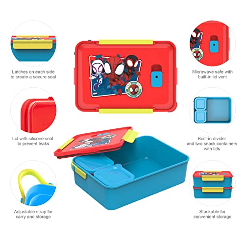 Zak Designs Spidey And His Amazing Friends Reusable Plastic Bento Box with Leak-Proof Seal, Carrying Handle, Microwave Steam Vent, and Individual Containers for Kids' Packed Lunch