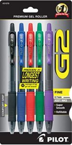 pilot g2 premium refillable and retractable rolling ball gel pens, fine point, black/blue/red/green/purple inks, 5-pack (31079)
