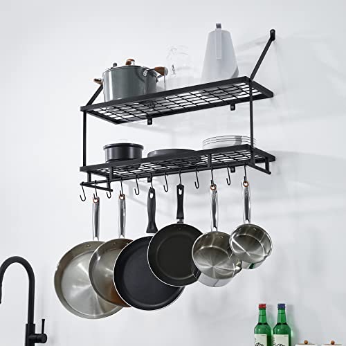 KES 30-Inch Kitchen Pot Rack - Mounted Hanging Rack for Kitchen Storage and Organization- Matte Black 2-Tier Wall Shelf for Pots and Pans with 12 Hooks - KUR215S75B-BK