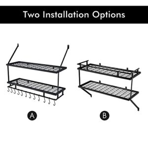 KES 30-Inch Kitchen Pot Rack - Mounted Hanging Rack for Kitchen Storage and Organization- Matte Black 2-Tier Wall Shelf for Pots and Pans with 12 Hooks - KUR215S75B-BK