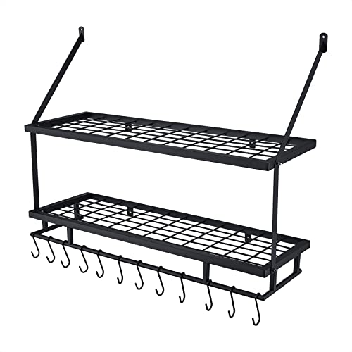 KES 30-Inch Kitchen Pot Rack - Mounted Hanging Rack for Kitchen Storage and Organization- Matte Black 2-Tier Wall Shelf for Pots and Pans with 12 Hooks - KUR215S75B-BK