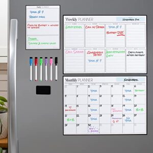 magnetic dry erase calendar bundle for fridge: 3 boards included – monthly, weekly, daily calendar whiteboard 17×12″ – 6 fine tip markers and large eraser with magnets, refrigerator white board wall