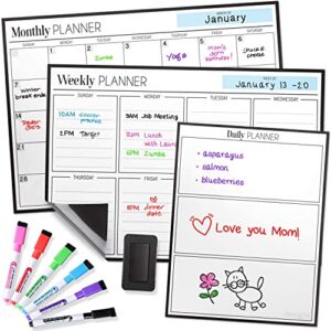 Magnetic Dry Erase Calendar Bundle for Fridge: 3 Boards Included - Monthly, Weekly, Daily Calendar Whiteboard 17x12" - 6 Fine Tip Markers and Large Eraser with Magnets, Refrigerator White Board Wall