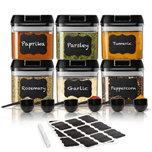 Shazo Airtight 6 Pc Mini Container Set + 6 Spoons, Labels & Marker - Durable Clear Plastic Food Storage Containers with Lids - Kitchen Cabinet Pantry Containers for Spices, Herbs, Coffee, Tea etc