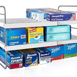 1Easylife Expandable Foil Organizer, 3-Tier Stackable Cabinet Shelf Organizers Adjustable Kitchen Wrap Box Organiser Rack Storage for Countertop Pantry(9.84 to 15.74" L)