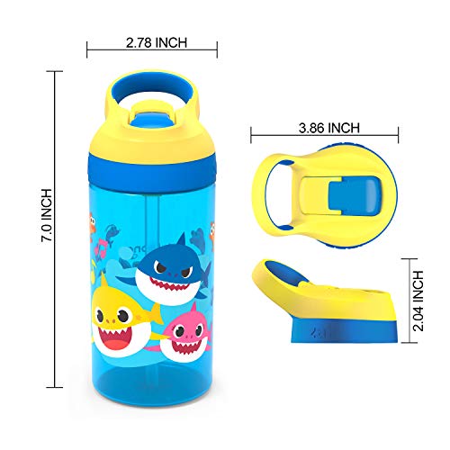 Zak Designs Baby Shark Kids Water Bottle with Straw and Built in Carrying Loop Made of Durable Plastic, Leak-Proof Design (16 oz