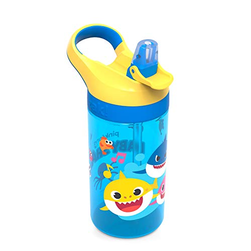 Zak Designs Baby Shark Kids Water Bottle with Straw and Built in Carrying Loop Made of Durable Plastic, Leak-Proof Design (16 oz