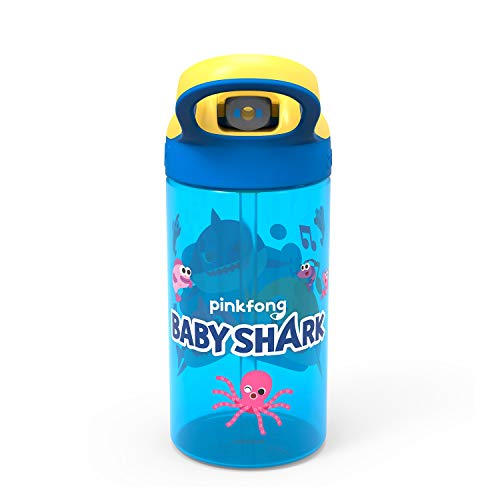 Zak Designs Baby Shark Kids Water Bottle with Straw and Built in Carrying Loop Made of Durable Plastic, Leak-Proof Design (16 oz