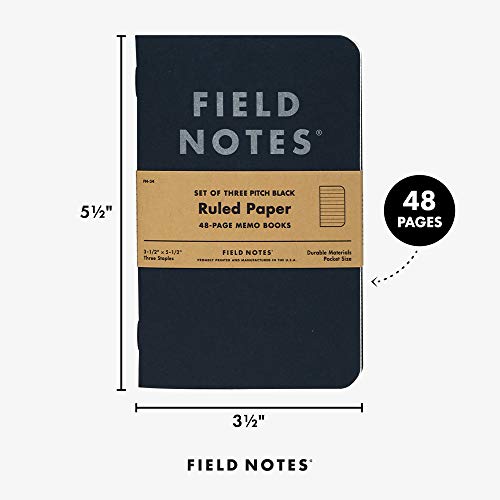 Field Notes 3-Pack Pitch Black Memo Books (3.5" X 5.5"), Ruled, 48 Pages | Thin Pocket Sized EDC Notebook With 90 GSM Paper & Paperback Cover | Work Notebooks For Note Taking | Made in the USA