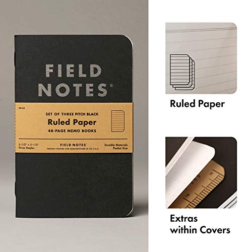 Field Notes 3-Pack Pitch Black Memo Books (3.5" X 5.5"), Ruled, 48 Pages | Thin Pocket Sized EDC Notebook With 90 GSM Paper & Paperback Cover | Work Notebooks For Note Taking | Made in the USA