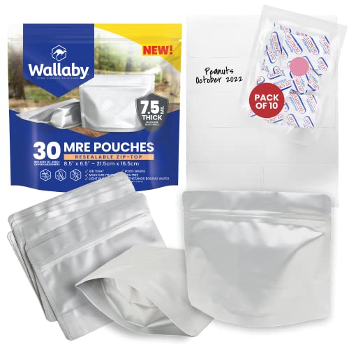 Wallaby MRE Mylar Bag Bundle - 30x (7.5 Mil - 6.5" x 8.5’’) Stand-Up Zipper Pouches, 30x 400cc Oxygen Absorbers - Heat Sealable & Withstand Boiling Water - Long-Term Food Storage Solutions - Silver