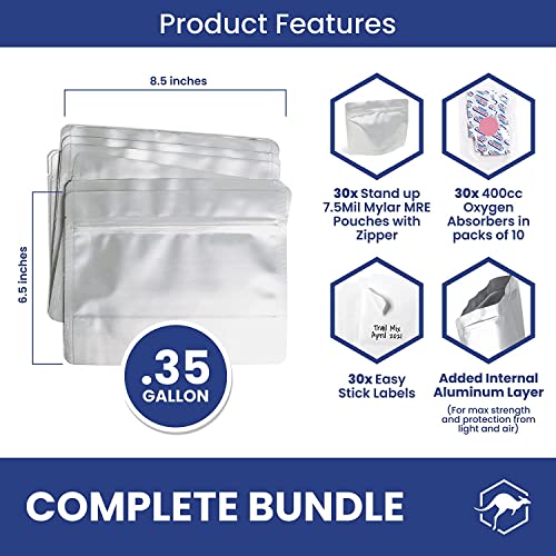 Wallaby MRE Mylar Bag Bundle - 30x (7.5 Mil - 6.5" x 8.5’’) Stand-Up Zipper Pouches, 30x 400cc Oxygen Absorbers - Heat Sealable & Withstand Boiling Water - Long-Term Food Storage Solutions - Silver