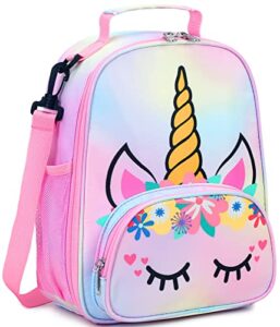 btoop lunch box kids for girls insulated lunch bag cute reusable toddler thermal meal cooler tote bags with removable shoulder strap for school travel (rainbow 1)