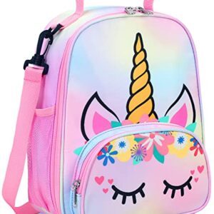 BTOOP Lunch Box Kids for Girls Insulated Lunch Bag Cute Reusable Toddler Thermal Meal Cooler Tote Bags with Removable Shoulder Strap for School Travel (Rainbow 1)