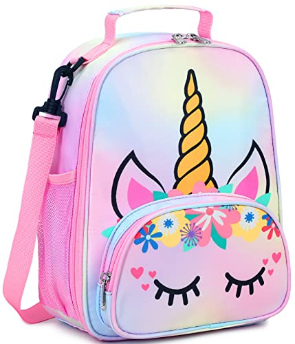 BTOOP Lunch Box Kids for Girls Insulated Lunch Bag Cute Reusable Toddler Thermal Meal Cooler Tote Bags with Removable Shoulder Strap for School Travel (Rainbow 1)