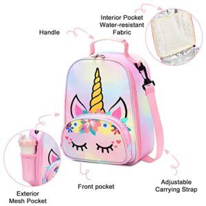 BTOOP Lunch Box Kids for Girls Insulated Lunch Bag Cute Reusable Toddler Thermal Meal Cooler Tote Bags with Removable Shoulder Strap for School Travel (Rainbow 1)